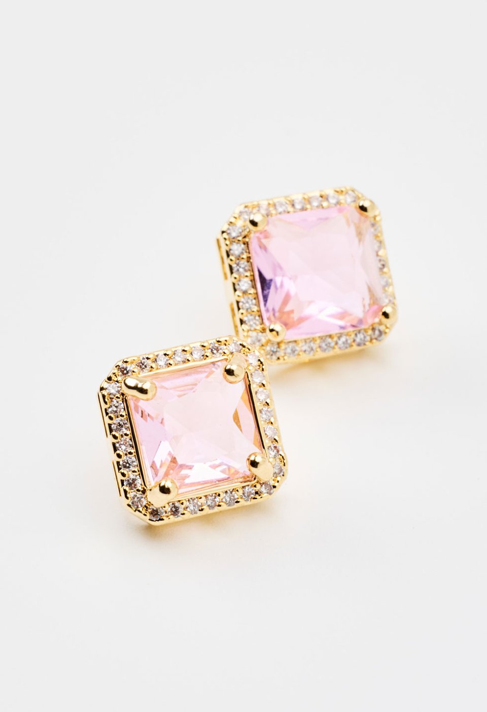 Square earrings with a pink stone and crystal details