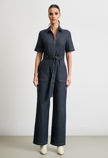 Denim jumpsuit with belt