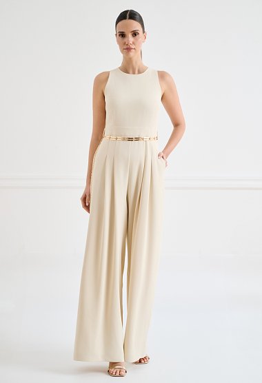 Wide-leg jumpsuit with pleats and gold belt