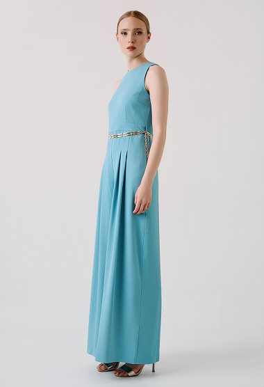 Light blue wide-leg jumpsuit with pleats and gold belt