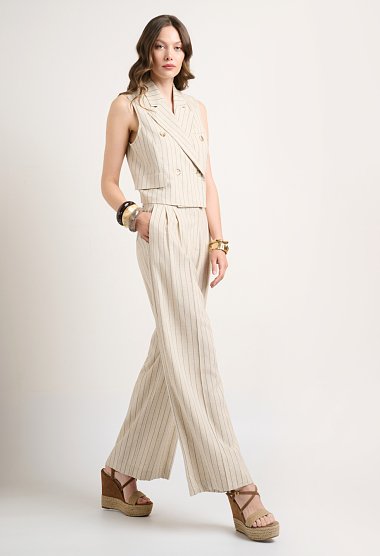 Beige striped pleated trousers