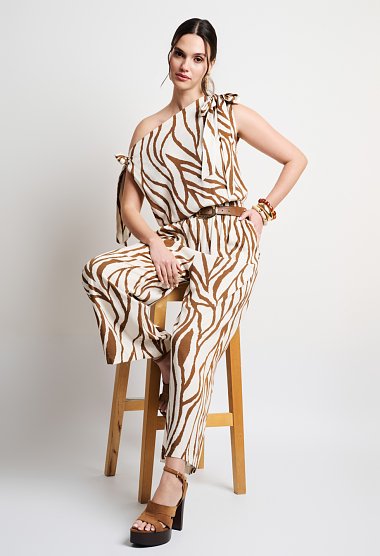 Zebra print jumpsuit with tie shoulder straps
