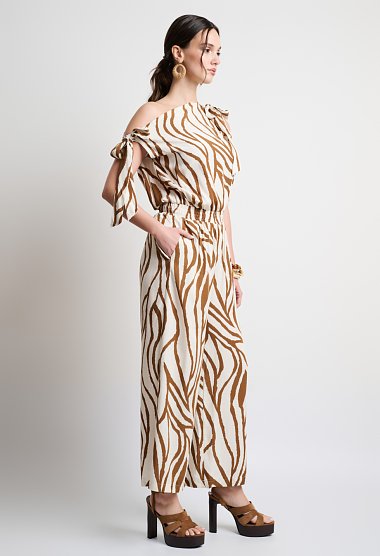 Zebra print jumpsuit with tie shoulder straps
