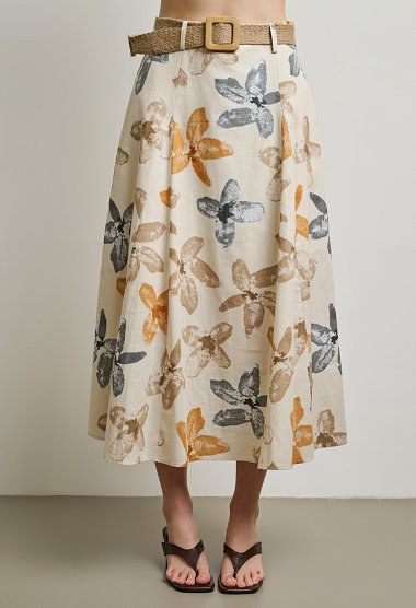 Midi floral A-line skirt with straw belt