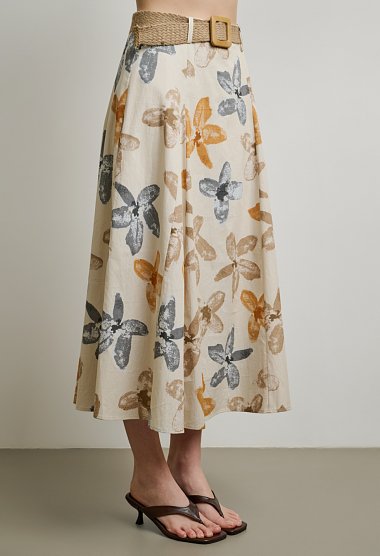 Midi floral A-line skirt with straw belt