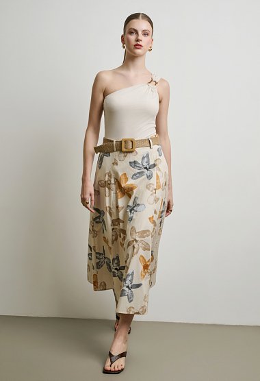 Midi floral A-line skirt with straw belt