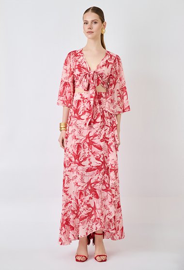 Maxi wrap skirt with print and ruffles