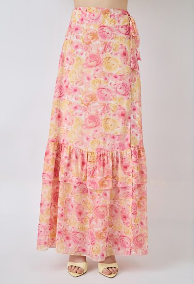 Floral wrap maxi skirt with ruffles