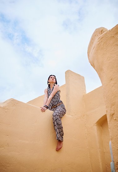 Printed wrap top and trousers set