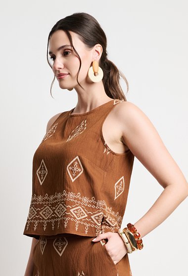 Boho printed set featuring a top and wide-leg trousers in brown tones