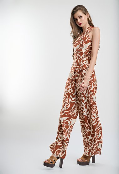 Σετ Τοπ Κρουαζέ & Παντελόνα με Καφέ Tropical Print