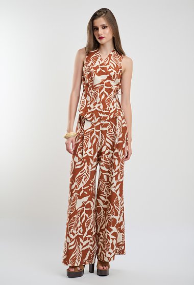 Σετ Τοπ Κρουαζέ & Παντελόνα με Καφέ Tropical Print