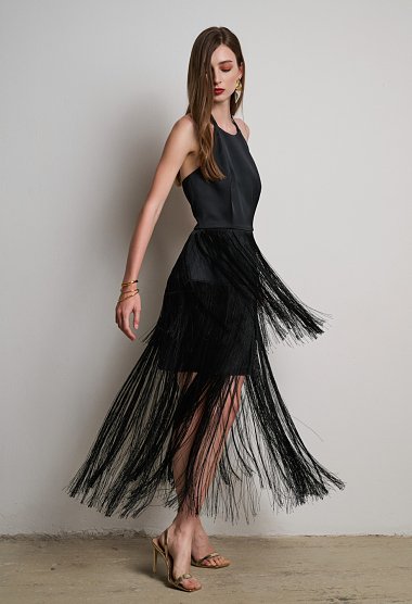 Black satin dress with fringes