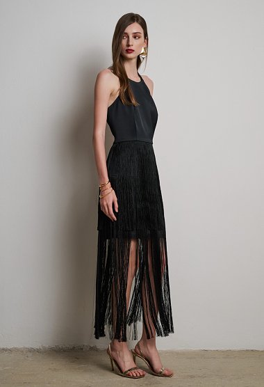 Black satin dress with fringes