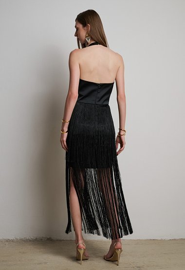 Black satin dress with fringes