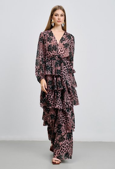 Μακρύ φόρεμα με animal print και βολάν