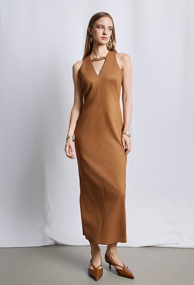 Long sleeveless suede dress