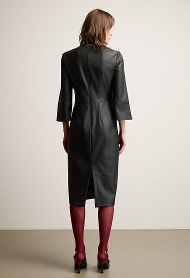 Midi dress with V-neckline and leather effect