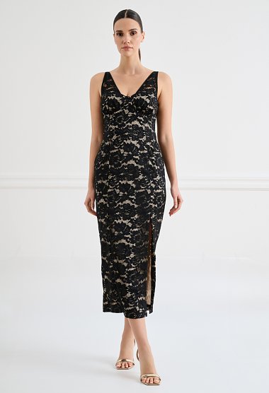 Black lace midi dress with straps