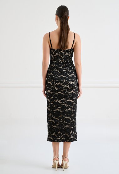 Black lace midi dress with straps