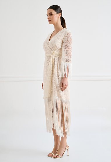 Lace wrap midi dress with fringe
