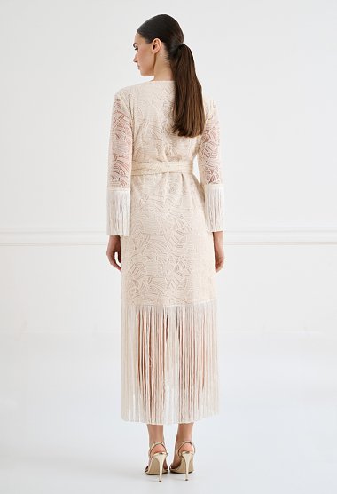 Lace wrap midi dress with fringe