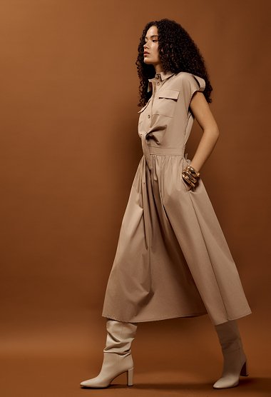 Poplin midi dress with belt