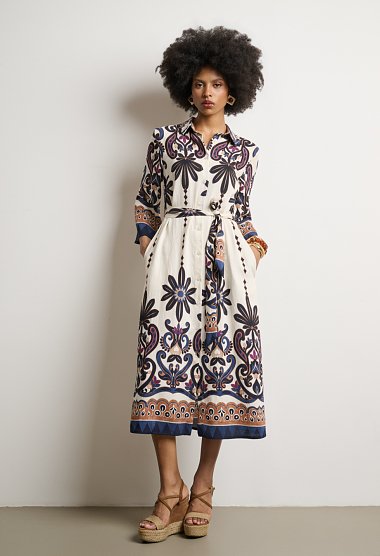Printed midi shirt dress with a belt