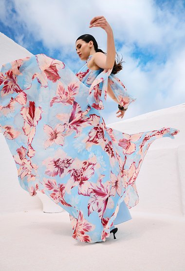 Maxi floral one-shoulder dress in light blue