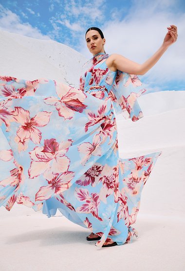 Maxi floral one-shoulder dress in light blue