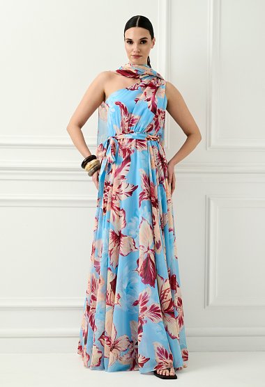 Maxi floral one-shoulder dress in light blue