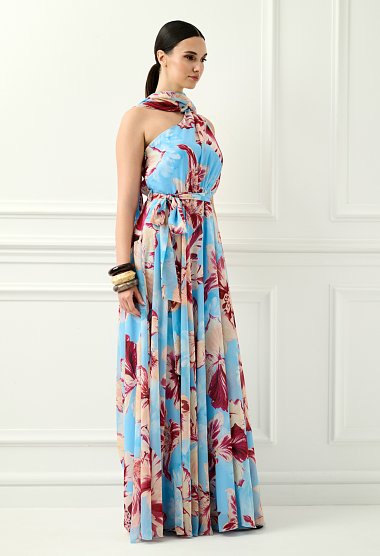 Maxi floral one-shoulder dress in light blue