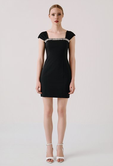 Mini dress with rhinestone detail at the neckline