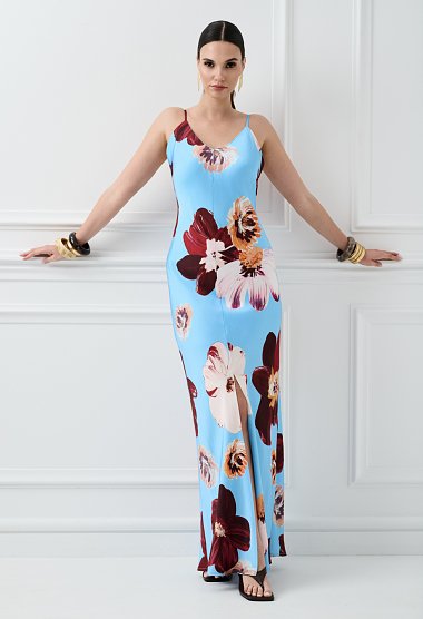 Maxi satin floral dress with straps in light blue