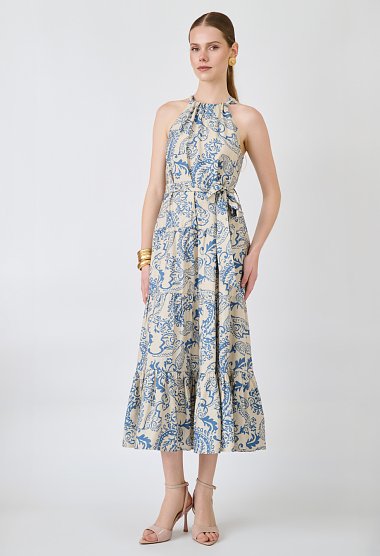 Printed halter midi dress with belt