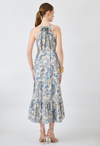 Printed halter midi dress with belt