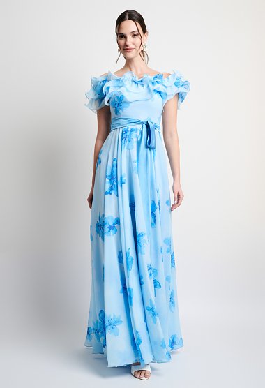Sky blue floral maxi dress with ruffles