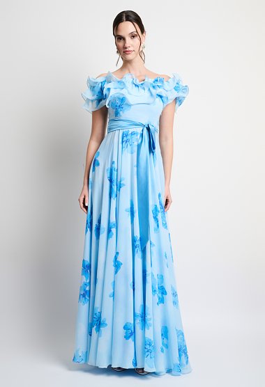 Sky blue floral maxi dress with ruffles