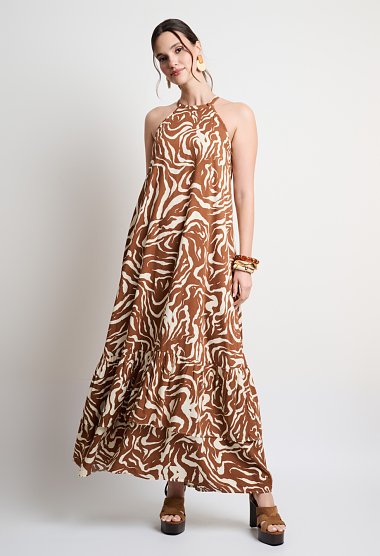 Printed halter maxi dress with ruffle details in brown tones