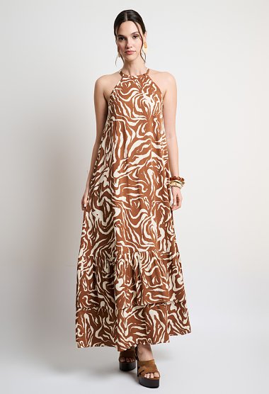 Printed halter maxi dress with ruffle details in brown tones