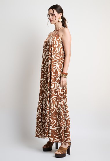 Printed halter maxi dress with ruffle details in brown tones