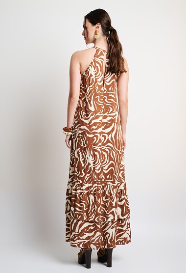 Printed halter maxi dress with ruffle details in brown tones