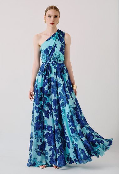 Maxi floral one-shoulder dress with belt