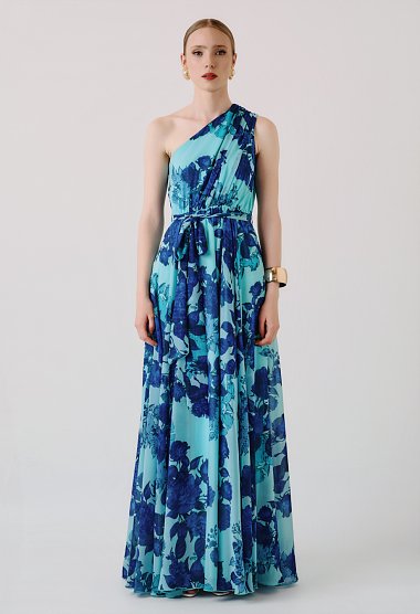 Maxi floral one-shoulder dress with belt