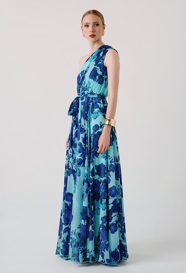 Maxi floral one-shoulder dress with belt