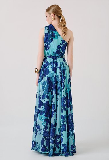 Maxi floral one-shoulder dress with belt