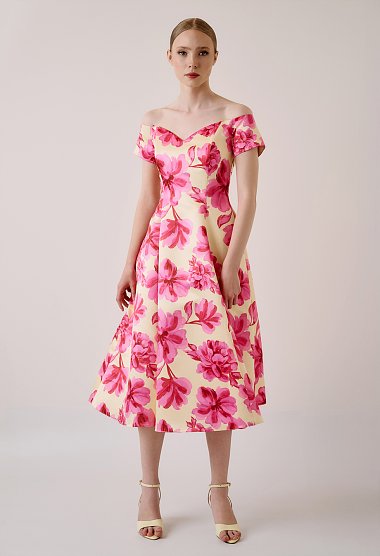 Floral midi dress with off-shoulder design