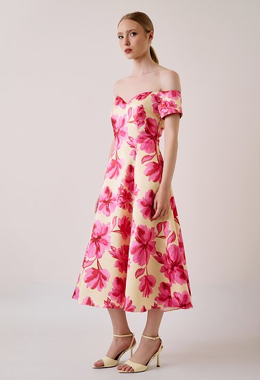 Floral midi dress with off-shoulder design