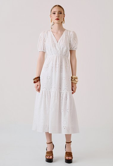 Midi broderie dress with puff sleeves