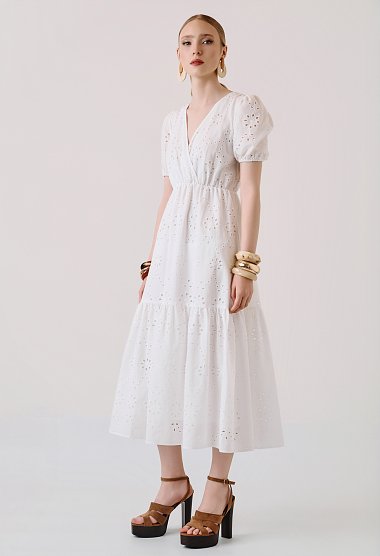 Midi broderie dress with puff sleeves
